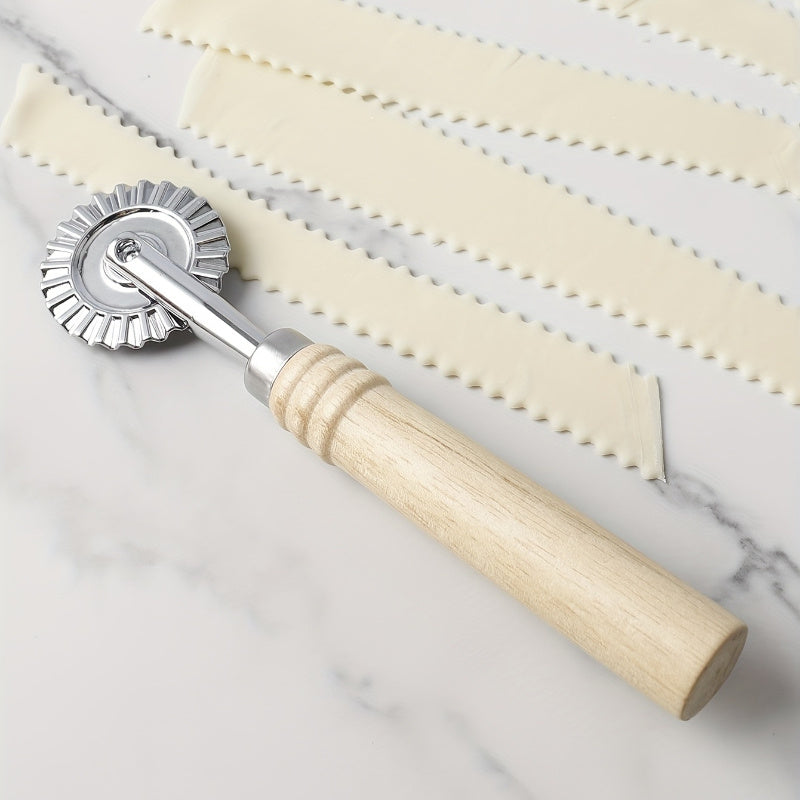 Premium pasta and ravioli cutter with long wooden handle, made of durable zinc alloy with a polished metal finish, safe for home kitchen use.