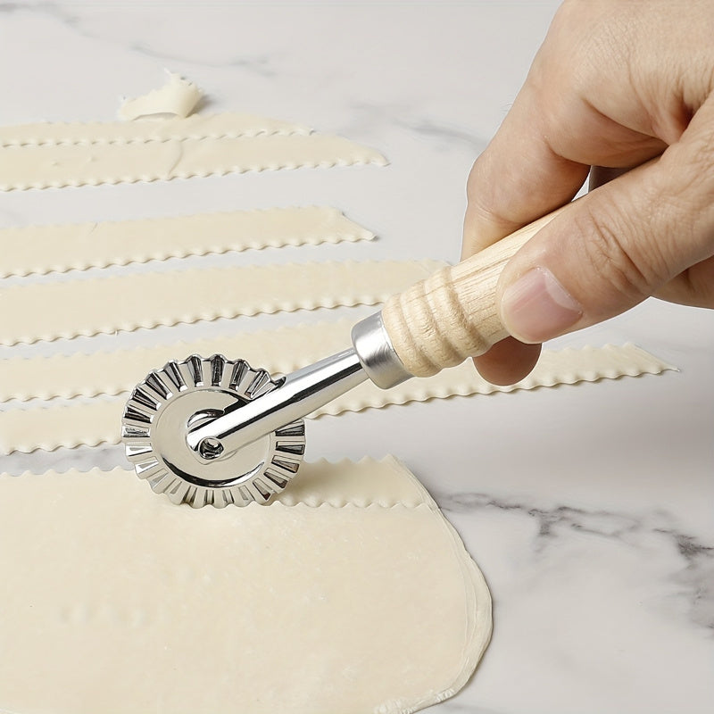 Premium pasta and ravioli cutter with long wooden handle, made of durable zinc alloy with a polished metal finish, safe for home kitchen use.