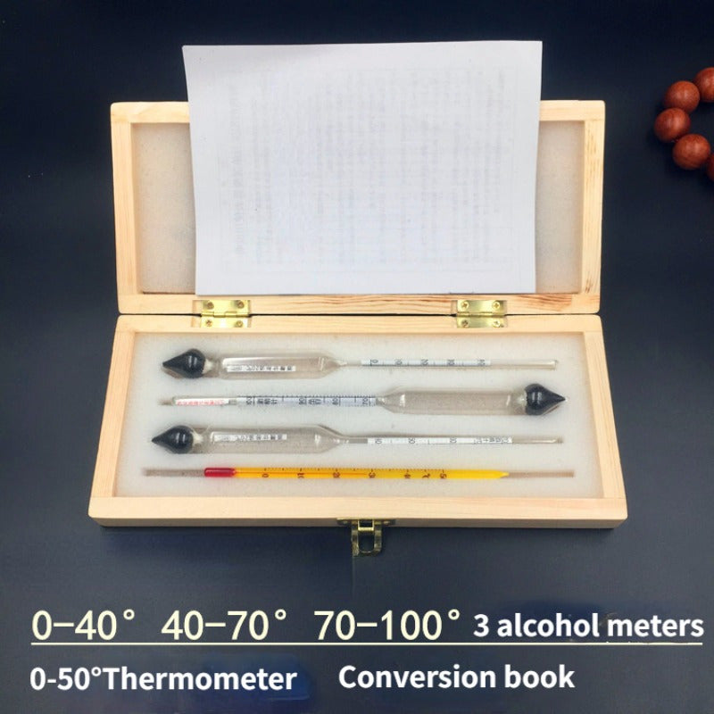 Alcohol testing kit with three test tubes for home brewing, liquor concentration, hygrometer, and density check.