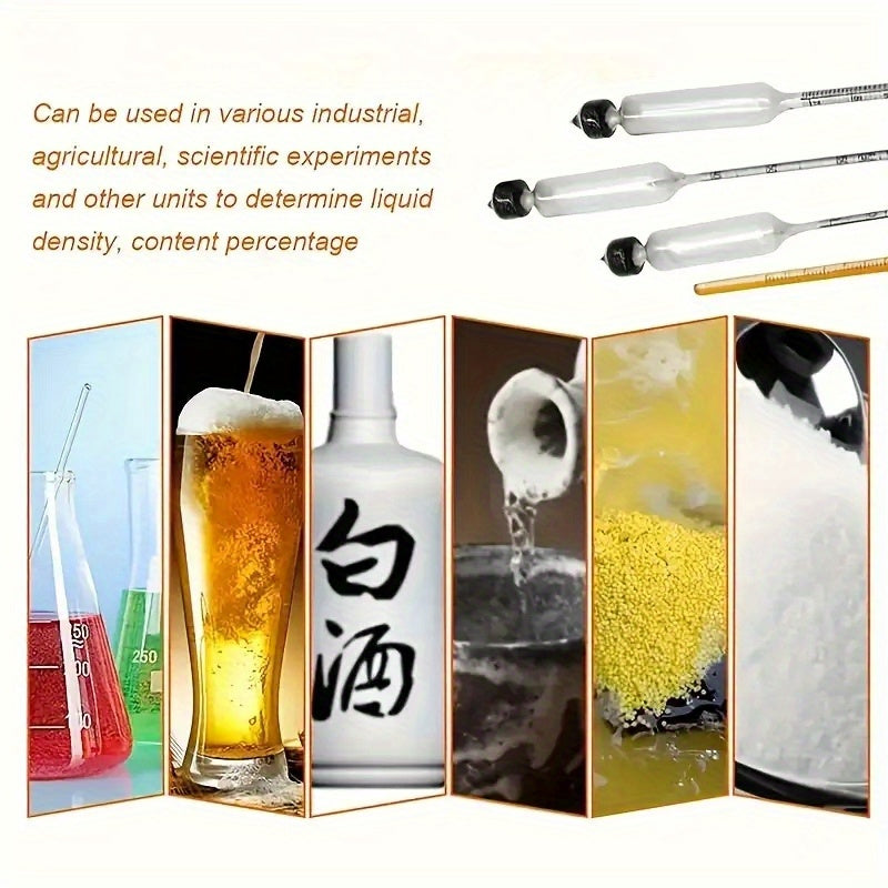 Alcohol testing kit with three test tubes for home brewing, liquor concentration, hygrometer, and density check.