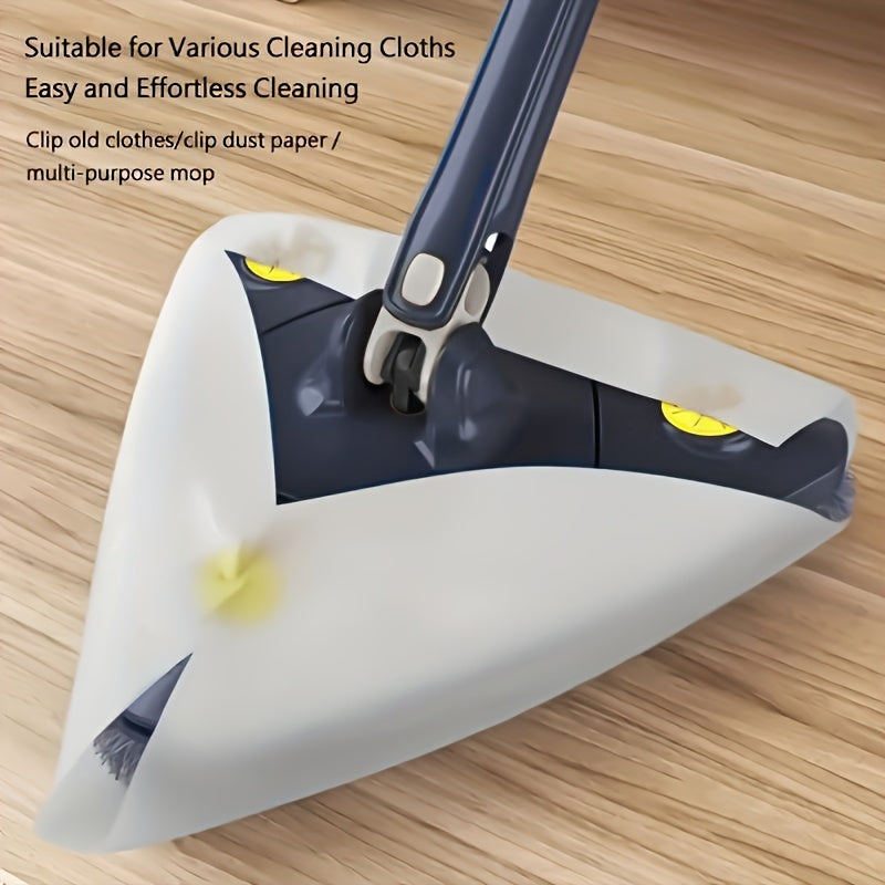 360-degree rotating triangle mop with telescopic handle – a versatile cleaning tool for wet and dry use on floors in the bathroom, kitchen, bedroom, and living room. Comes with an adjustable handle and microfiber pad.