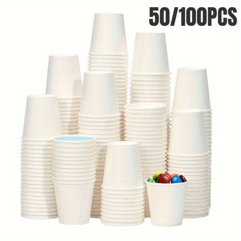 Disposable Small Paper Cups perfect for Supermarket tastings, parties, snacks, office coffee, beverages, candy, hotels, and mini mouthwash. Available in packs of 50 or 100 pieces.