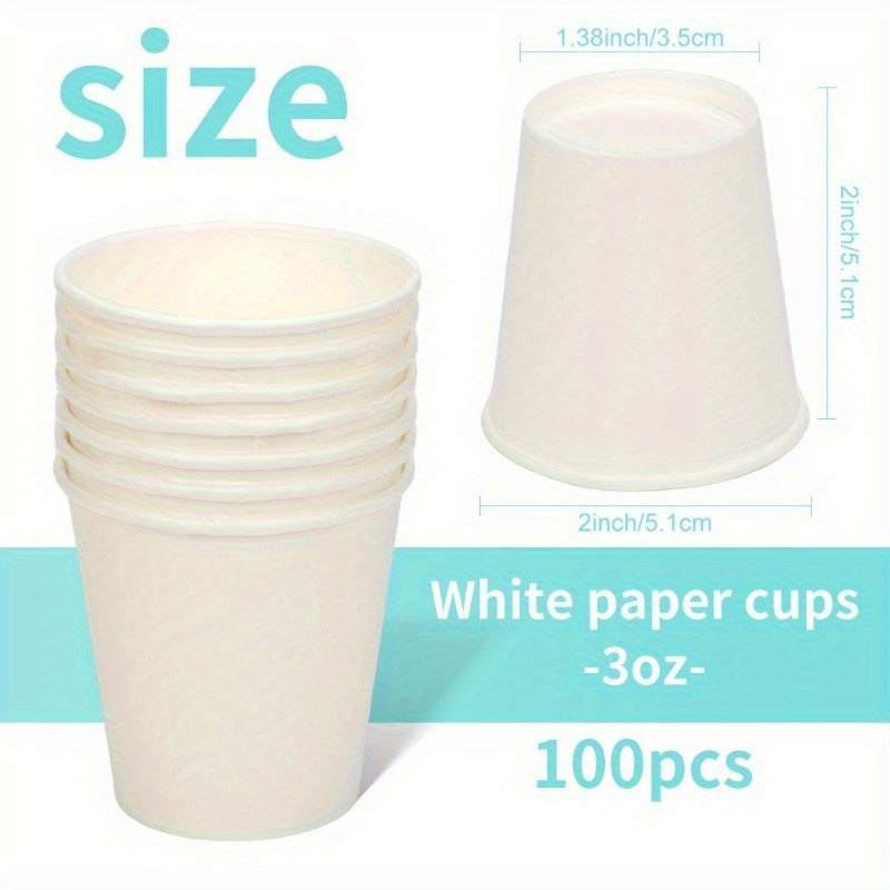 Disposable Small Paper Cups perfect for Supermarket tastings, parties, snacks, office coffee, beverages, candy, hotels, and mini mouthwash. Available in packs of 50 or 100 pieces.