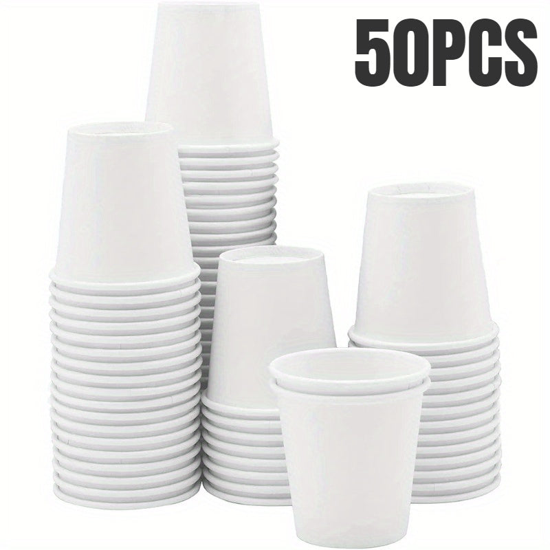 Disposable Small Paper Cups perfect for Supermarket tastings, parties, snacks, office coffee, beverages, candy, hotels, and mini mouthwash. Available in packs of 50 or 100 pieces.