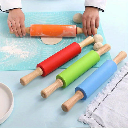 Silicone Rolling Pin with Wooden Handle for Pasta and Cookie Dough - 1 piece