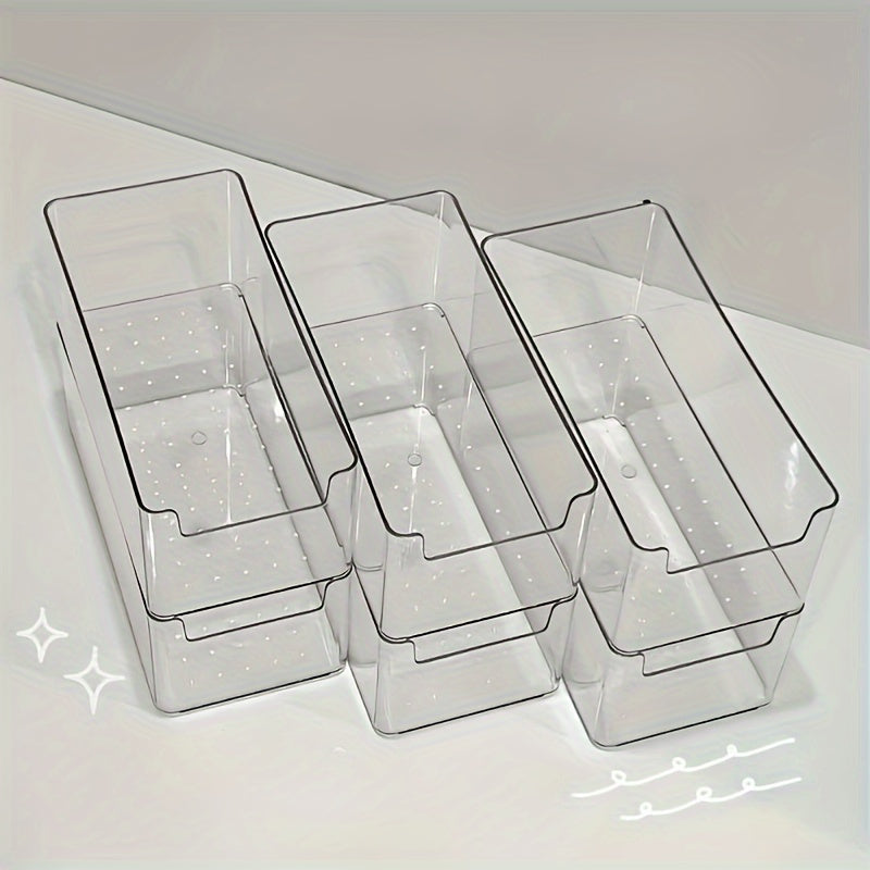 Set of 3 clear plastic storage boxes, ideal for organizing various items in drawers or on desks in the bathroom and vanity. No electricity needed. Great for home storage.