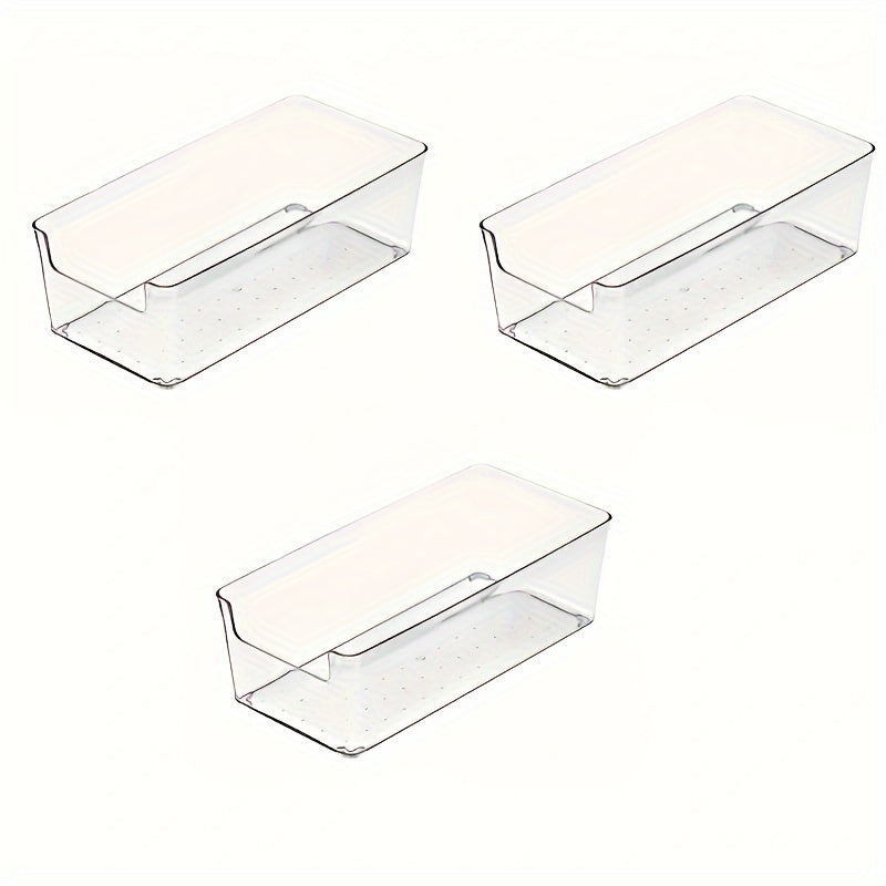 Set of 3 clear plastic storage boxes, ideal for organizing various items in drawers or on desks in the bathroom and vanity. No electricity needed. Great for home storage.