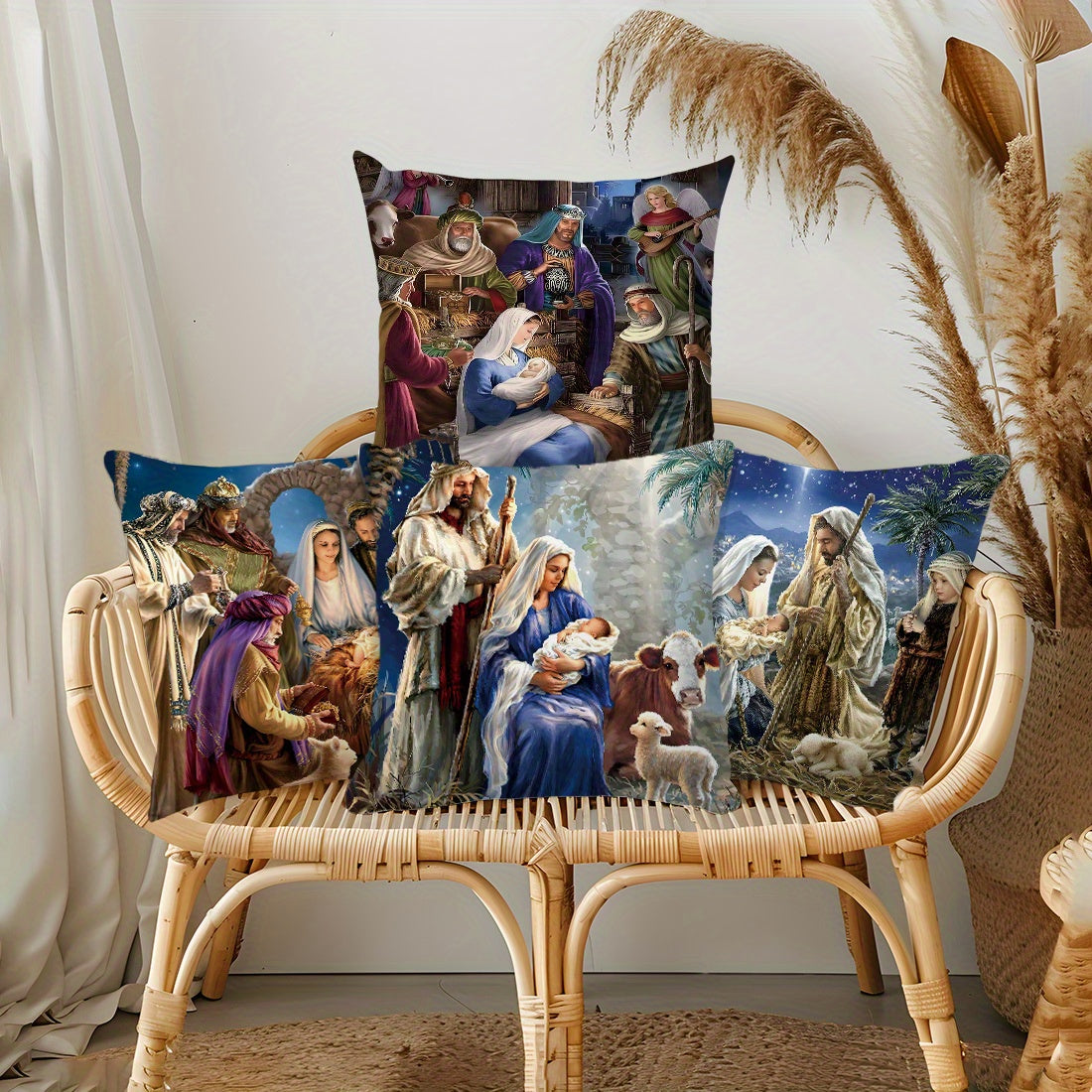 1 piece of 45x45cm Bible story illustration peach fleece throw pillow case for home decoration. Suitable for living room, sofa, or bedroom. Features double-sided printing, pillow insert not included.