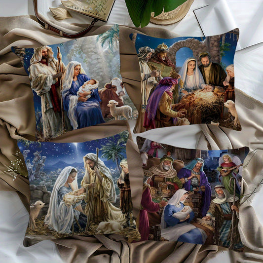 1 piece of 45x45cm Bible story illustration peach fleece throw pillow case for home decoration. Suitable for living room, sofa, or bedroom. Features double-sided printing, pillow insert not included.