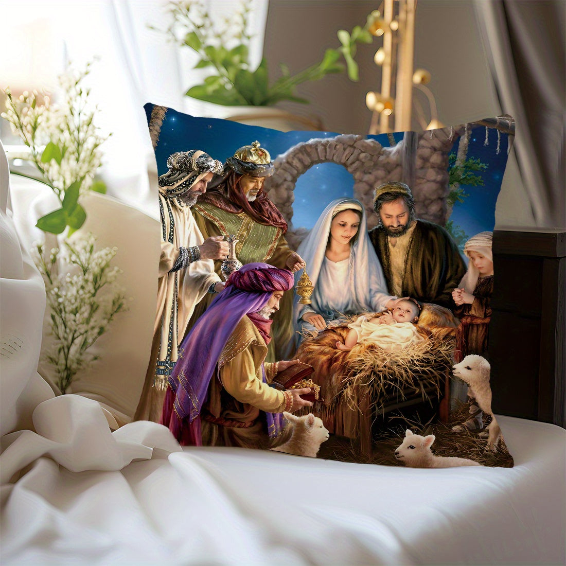 1 piece of 45x45cm Bible story illustration peach fleece throw pillow case for home decoration. Suitable for living room, sofa, or bedroom. Features double-sided printing, pillow insert not included.