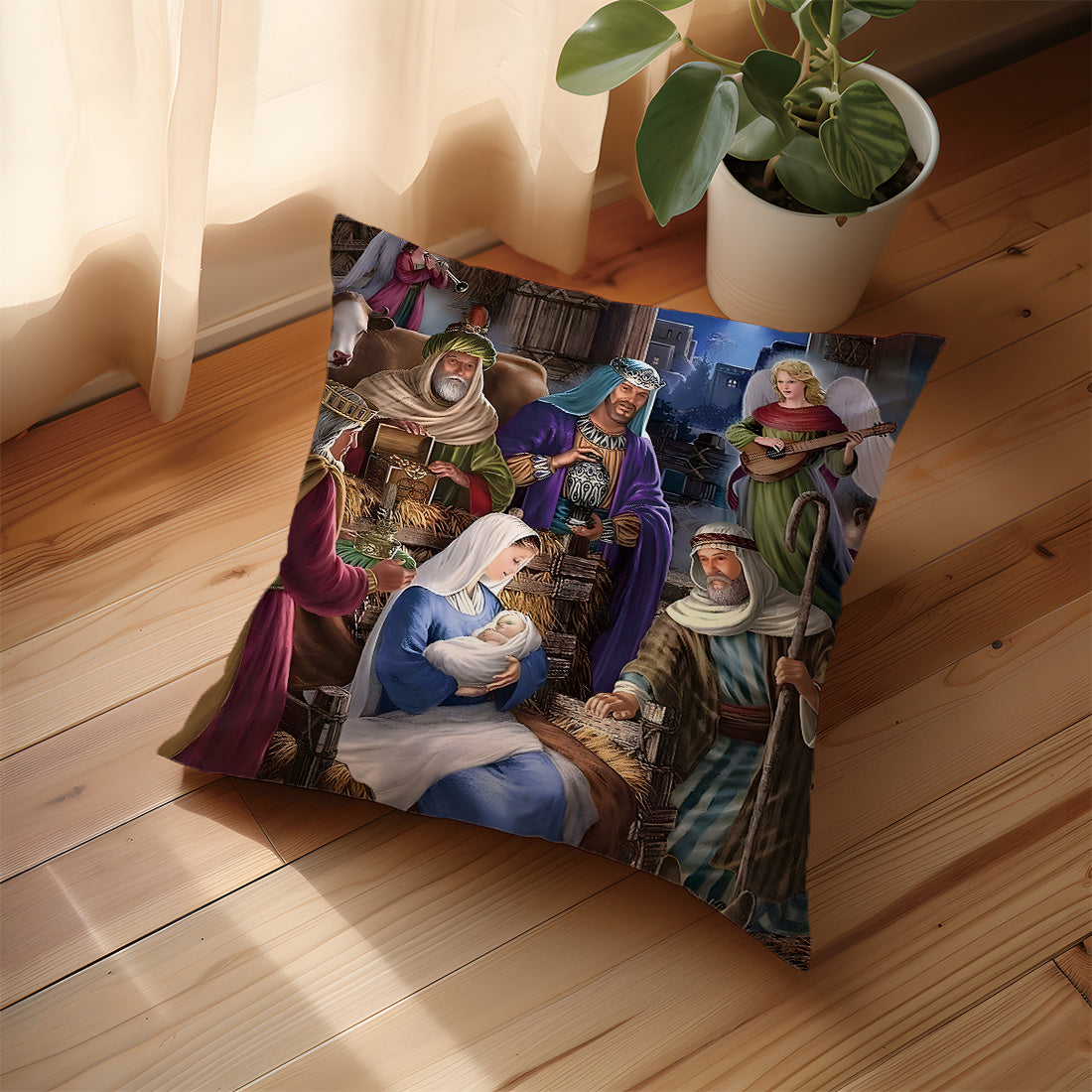 1 piece of 45x45cm Bible story illustration peach fleece throw pillow case for home decoration. Suitable for living room, sofa, or bedroom. Features double-sided printing, pillow insert not included.