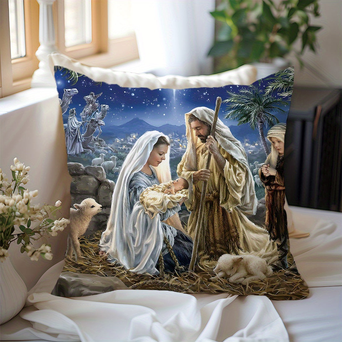 1 piece of 45x45cm Bible story illustration peach fleece throw pillow case for home decoration. Suitable for living room, sofa, or bedroom. Features double-sided printing, pillow insert not included.