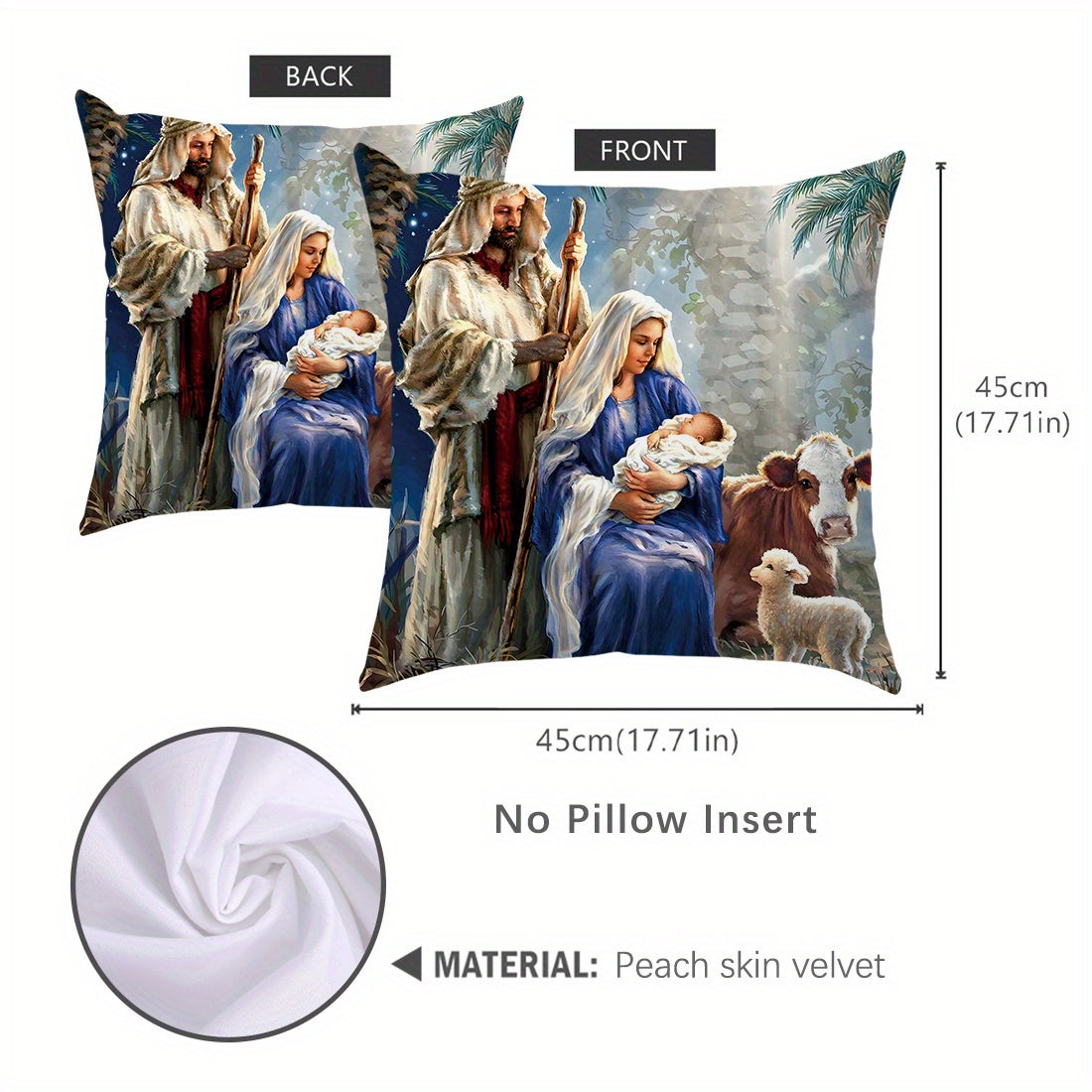 1 piece of 45x45cm Bible story illustration peach fleece throw pillow case for home decoration. Suitable for living room, sofa, or bedroom. Features double-sided printing, pillow insert not included.