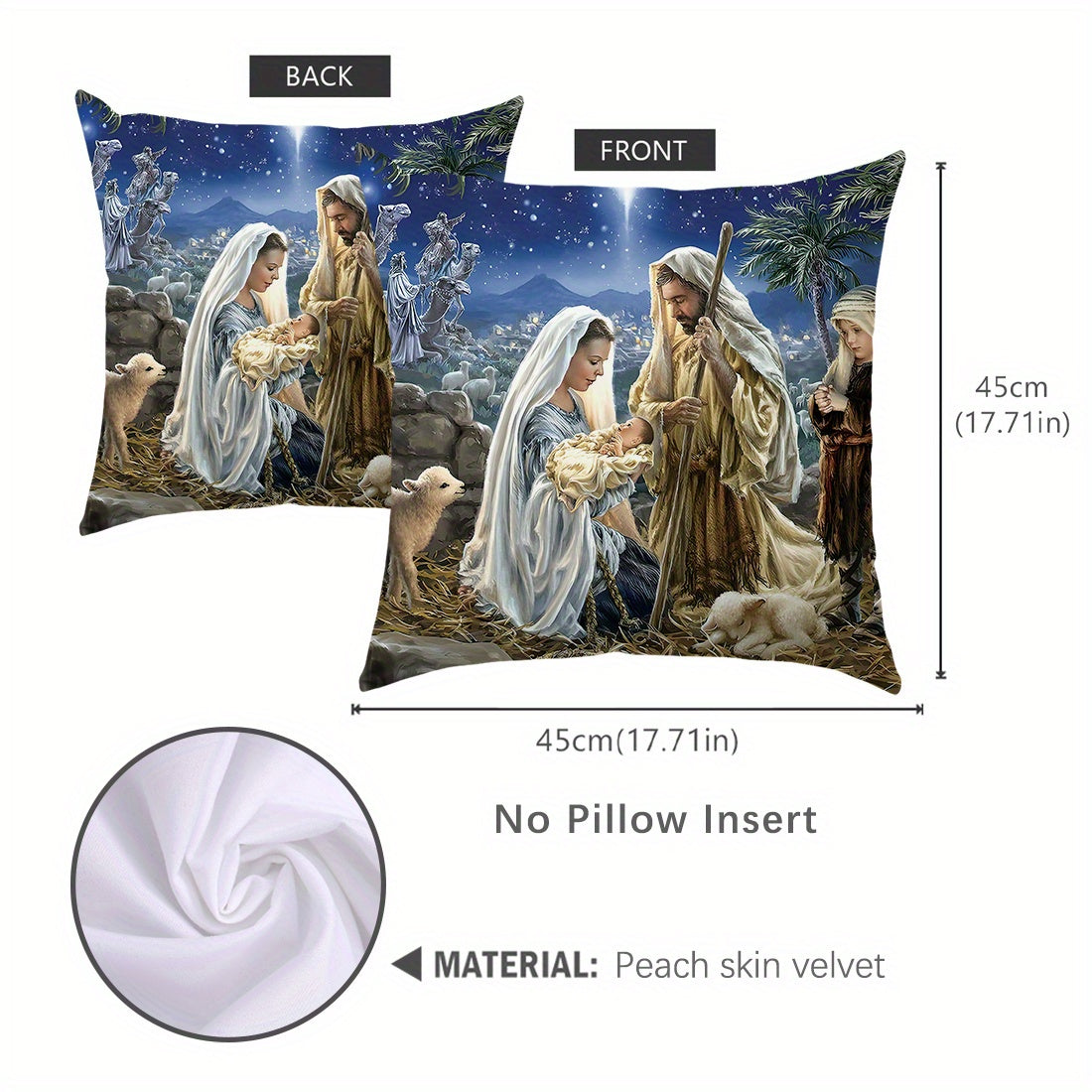 1 piece of 45x45cm Bible story illustration peach fleece throw pillow case for home decoration. Suitable for living room, sofa, or bedroom. Features double-sided printing, pillow insert not included.