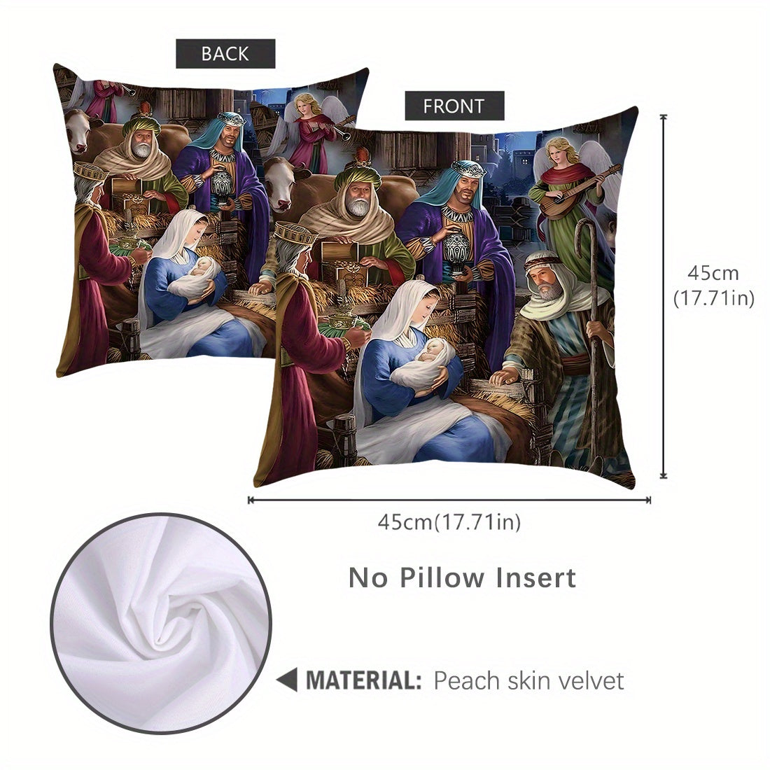 1 piece of 45x45cm Bible story illustration peach fleece throw pillow case for home decoration. Suitable for living room, sofa, or bedroom. Features double-sided printing, pillow insert not included.