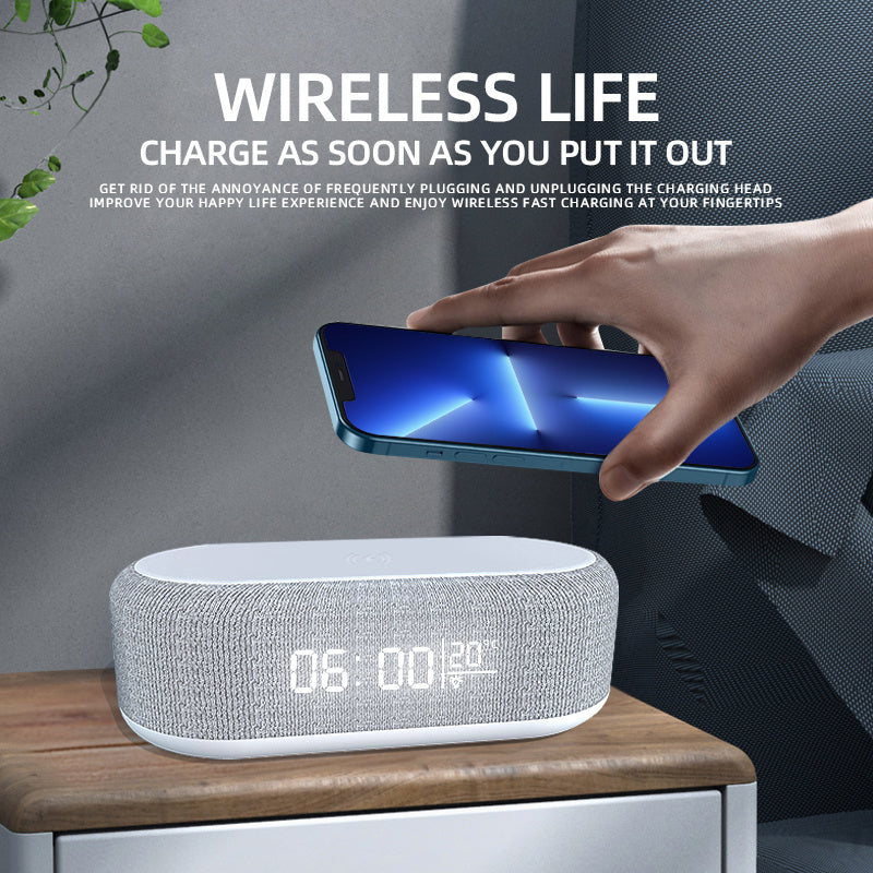 Wireless charger alarm clock with LED light, thermometer, and docking station for iPhone and Samsung devices.