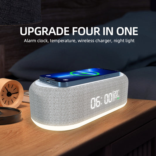 Wireless charger alarm clock with LED light, thermometer, and docking station for iPhone and Samsung devices.