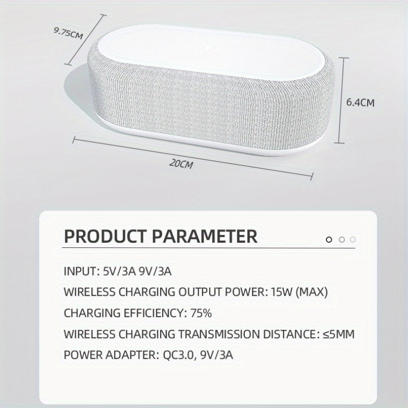 Wireless charger alarm clock with LED light, thermometer, and docking station for iPhone and Samsung devices.