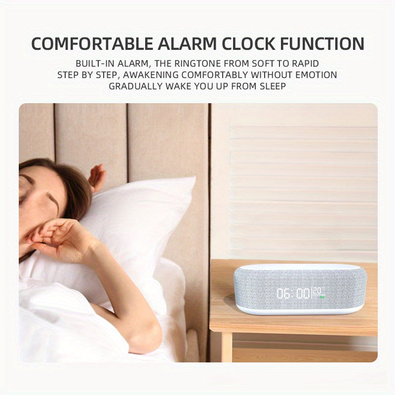 Wireless charger alarm clock with LED light, thermometer, and docking station for iPhone and Samsung devices.