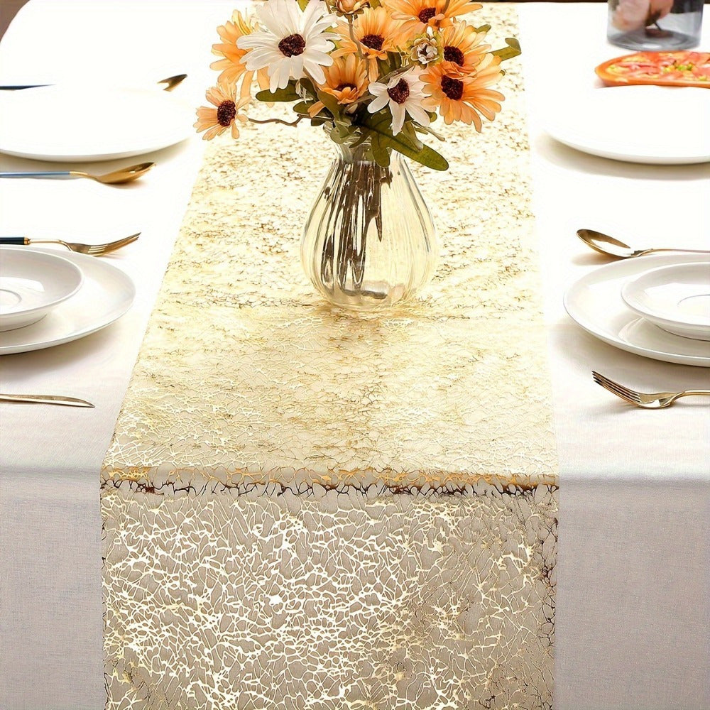 Golden polyester organza table runner with glitter accents, ideal for weddings, showers, and parties.