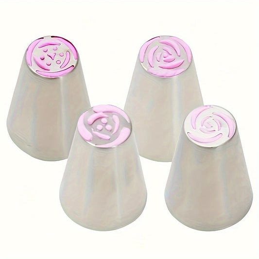 Set of 4 Stainless Steel Piping Nozzles with Vibrant Floral and Leaf Designs for Cupcake Decorating, Ideal for DIY Desserts and Baking - High-Quality Kitchen Accessories Built to Last