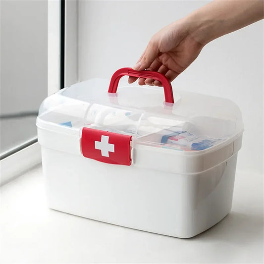 Large capacity, handheld plastic medical emergency kit with multiple compartments for home, restaurant, or outdoor use.