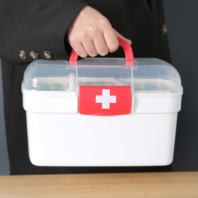 Large capacity, handheld plastic medical emergency kit with multiple compartments for home, restaurant, or outdoor use.