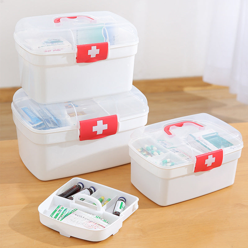 Large capacity, handheld plastic medical emergency kit with multiple compartments for home, restaurant, or outdoor use.