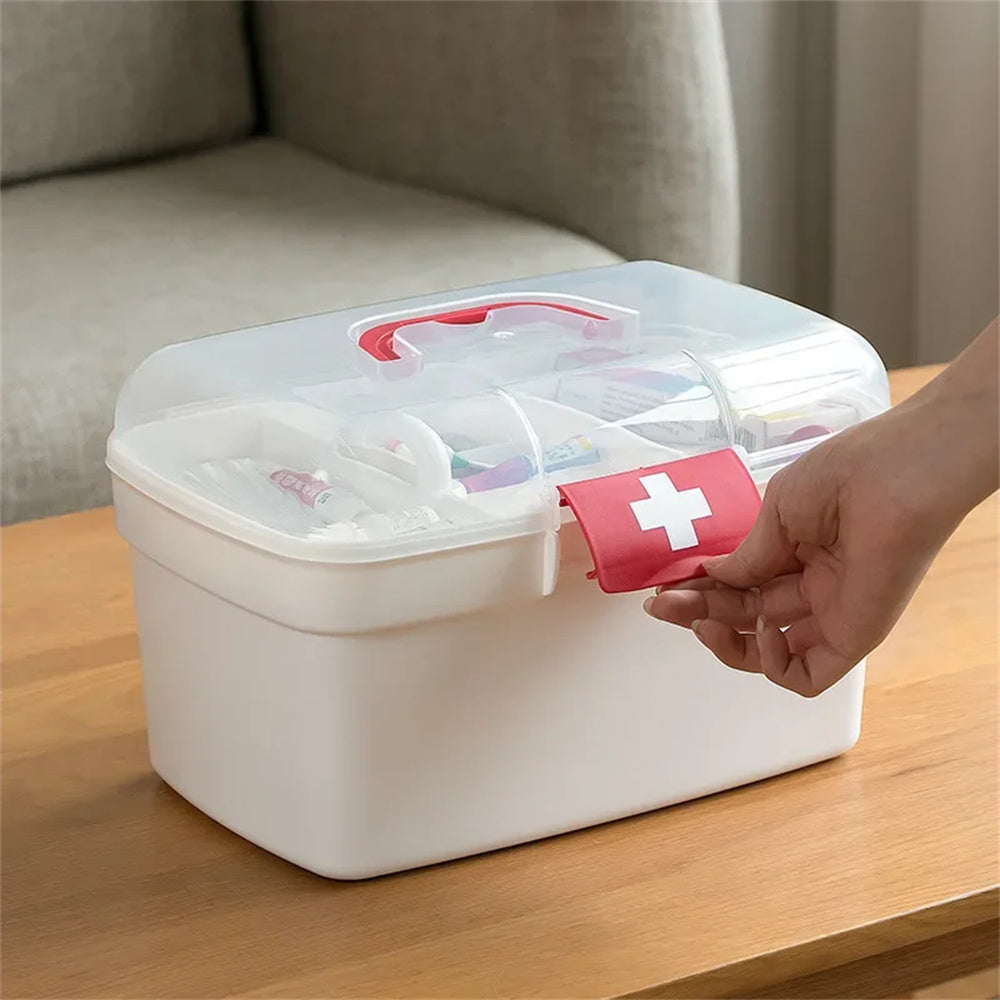 Large capacity, handheld plastic medical emergency kit with multiple compartments for home, restaurant, or outdoor use.