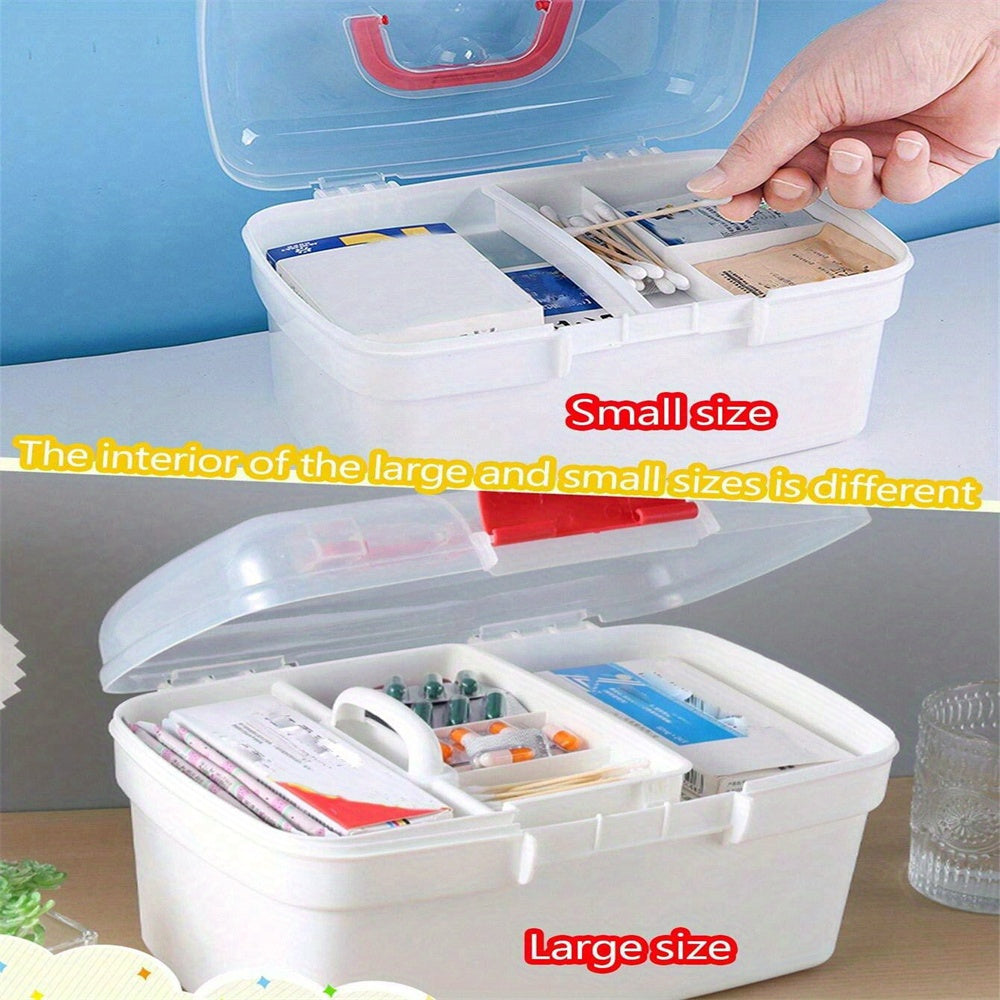 Large capacity, handheld plastic medical emergency kit with multiple compartments for home, restaurant, or outdoor use.