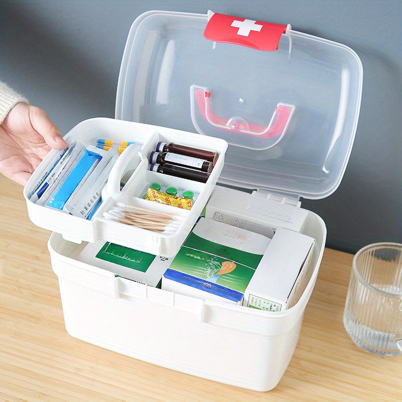 Large capacity, handheld plastic medical emergency kit with multiple compartments for home, restaurant, or outdoor use.