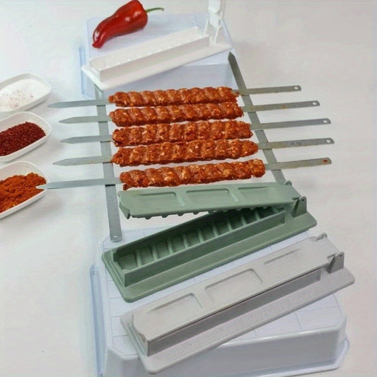 Reusable plastic barbecue tool for making delicious barbecued food with a single row barbecue press machine.