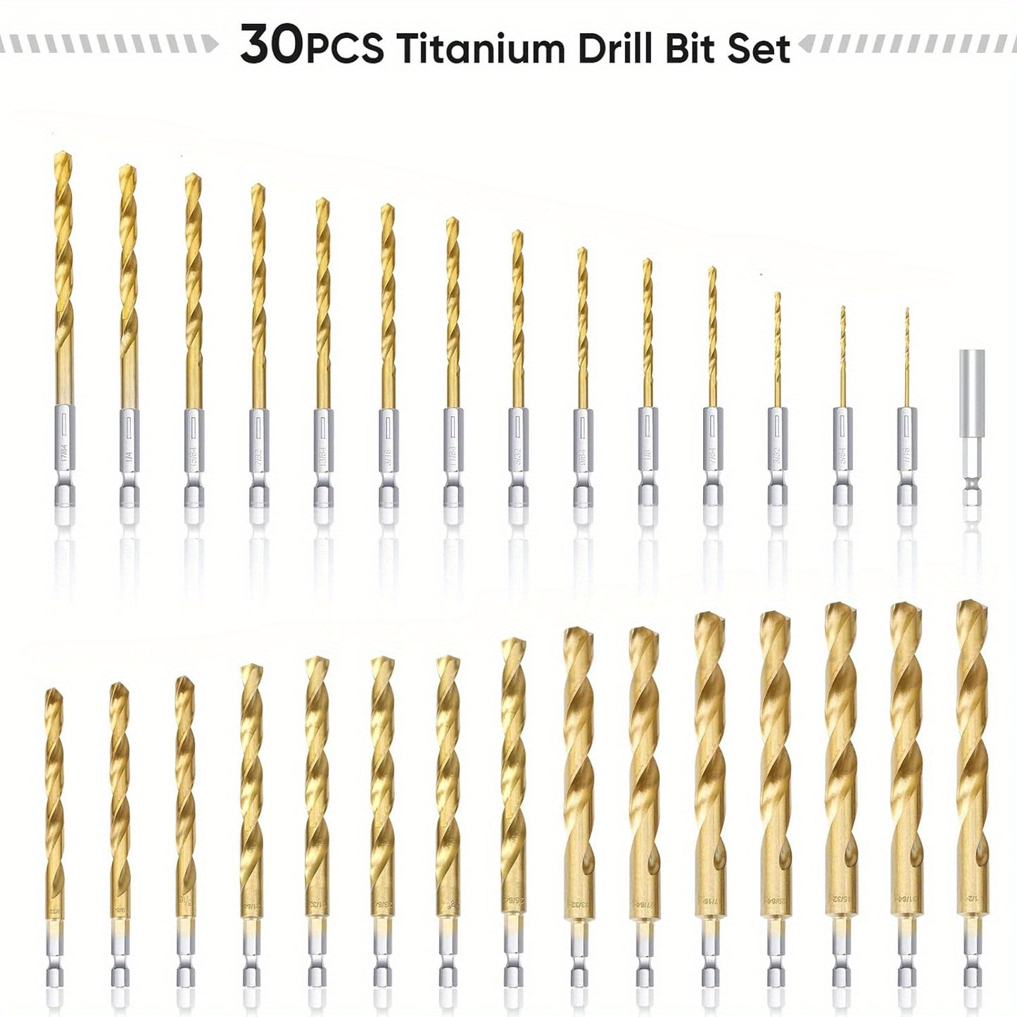 Titanium coated hex shank drill bit set includes 13, 50, or 99 pieces. Made of high-speed steel, suitable for drilling steel, aluminum, and copper. Sizes range from 1/16 inch to 1/2 inch.