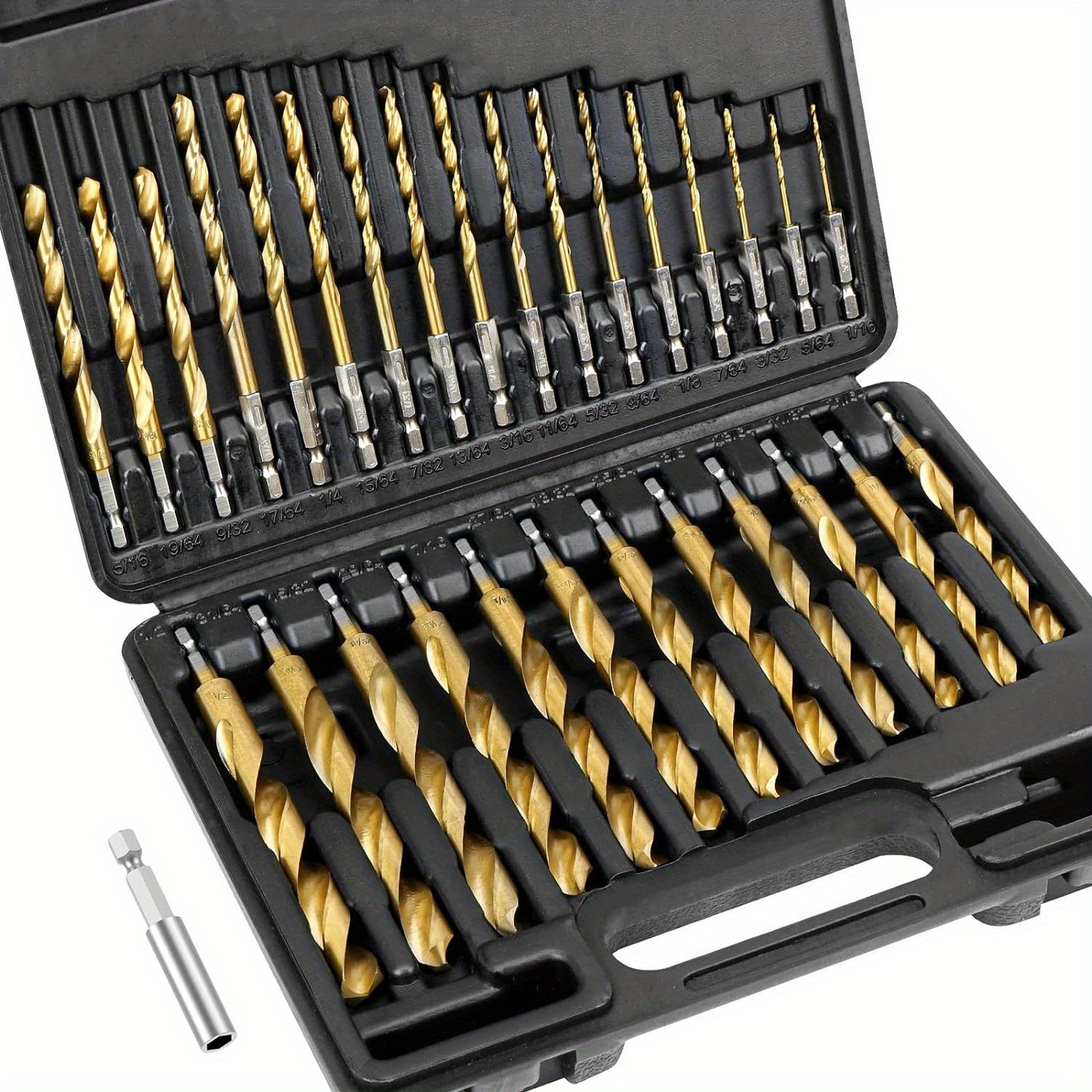 Titanium coated hex shank drill bit set includes 13, 50, or 99 pieces. Made of high-speed steel, suitable for drilling steel, aluminum, and copper. Sizes range from 1/16 inch to 1/2 inch.