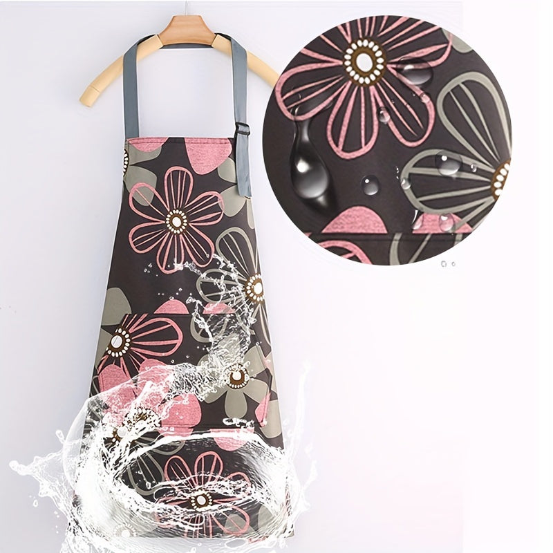 Floral Print Waterproof & Oil-Resistant Apron with Large Pocket - Adjustable, Easy to Clean for Kitchen and Garden Use - 1 Piece