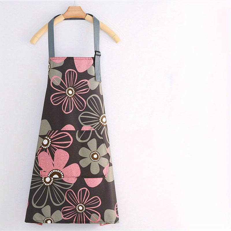 Floral Print Waterproof & Oil-Resistant Apron with Large Pocket - Adjustable, Easy to Clean for Kitchen and Garden Use - 1 Piece