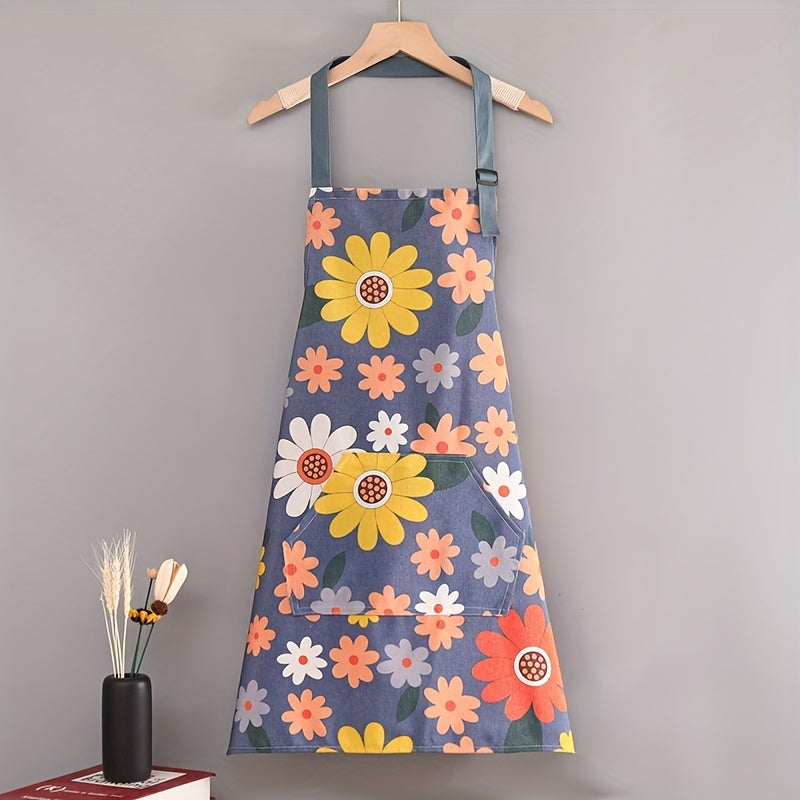 Floral Print Waterproof & Oil-Resistant Apron with Large Pocket - Adjustable, Easy to Clean for Kitchen and Garden Use - 1 Piece