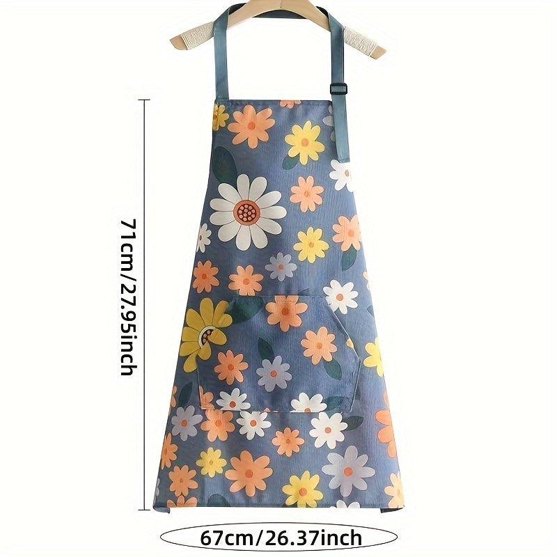 Floral Print Waterproof & Oil-Resistant Apron with Large Pocket - Adjustable, Easy to Clean for Kitchen and Garden Use - 1 Piece