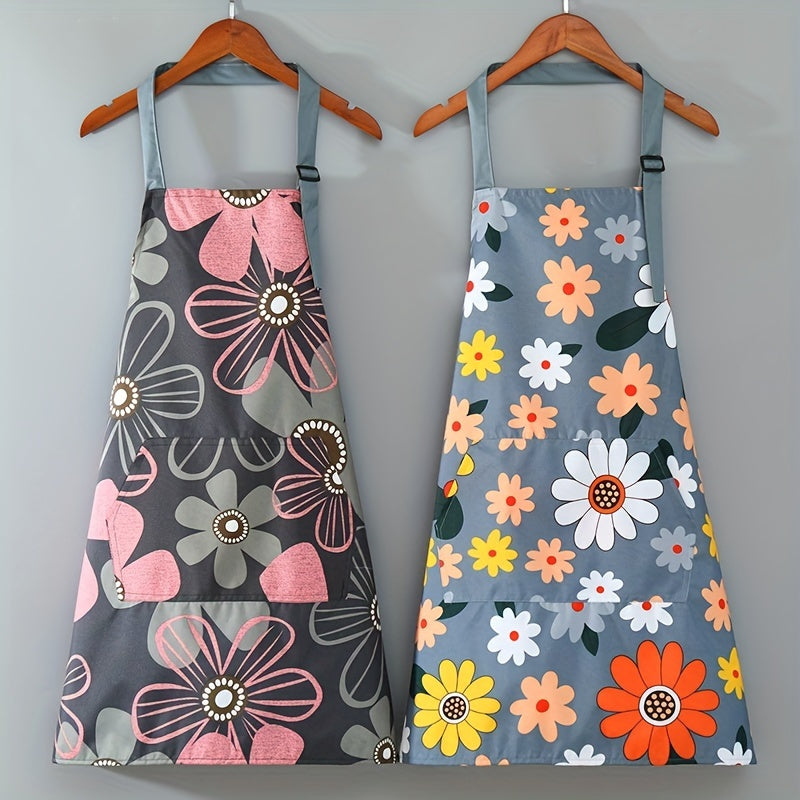 Floral Print Waterproof & Oil-Resistant Apron with Large Pocket - Adjustable, Easy to Clean for Kitchen and Garden Use - 1 Piece