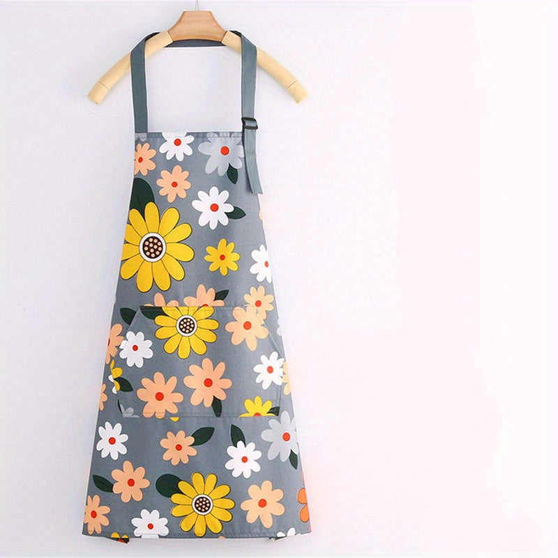 Floral Print Waterproof & Oil-Resistant Apron with Large Pocket - Adjustable, Easy to Clean for Kitchen and Garden Use - 1 Piece