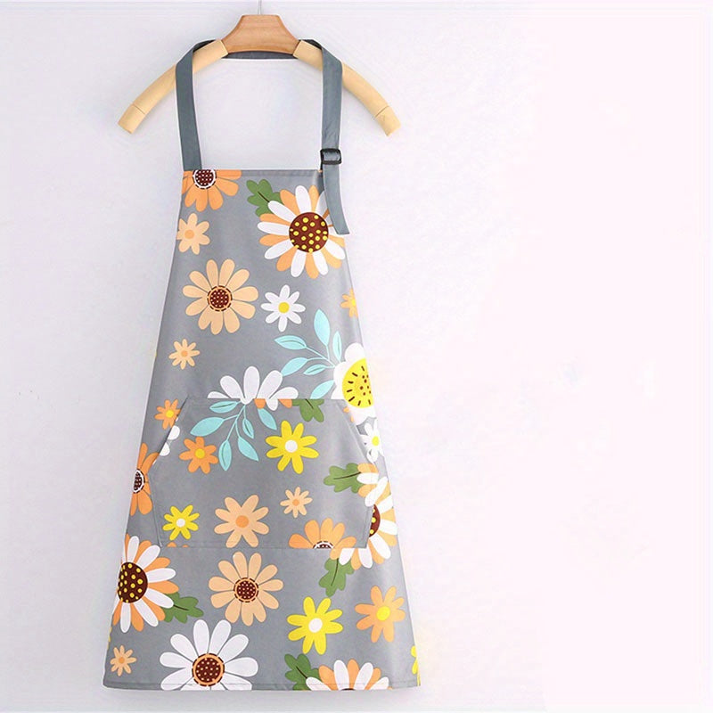 Floral Print Waterproof & Oil-Resistant Apron with Large Pocket - Adjustable, Easy to Clean for Kitchen and Garden Use - 1 Piece