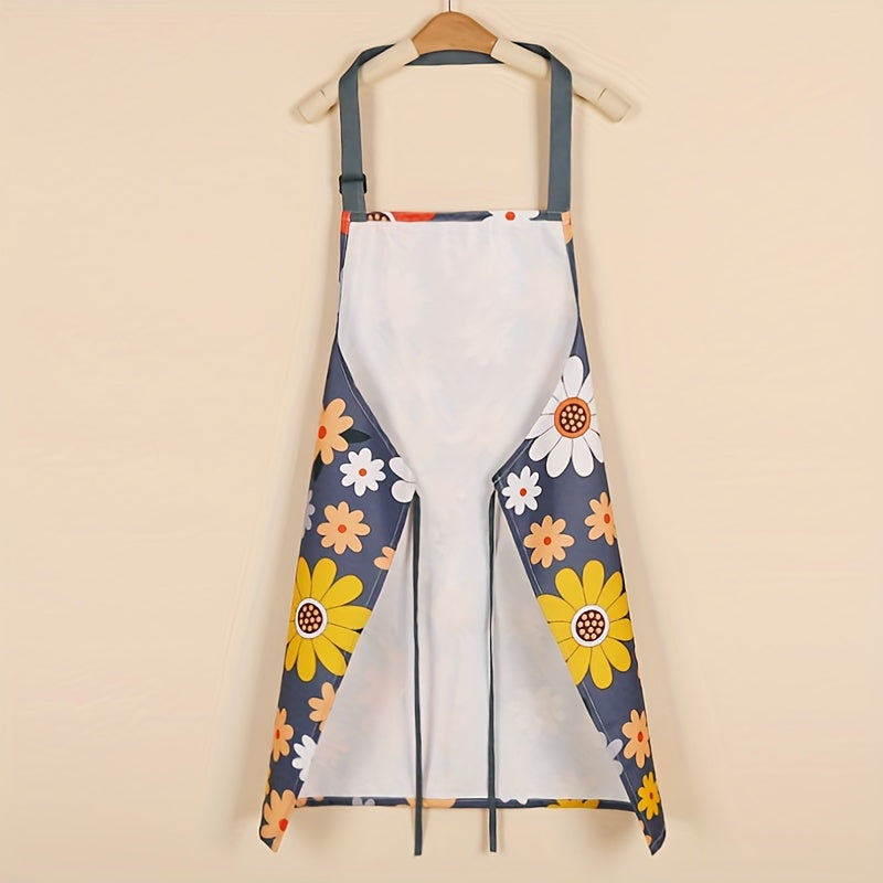 Floral Print Waterproof & Oil-Resistant Apron with Large Pocket - Adjustable, Easy to Clean for Kitchen and Garden Use - 1 Piece