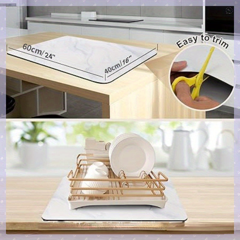 Kitchen countertop mat made of non-slip rubber, featuring durable tech cloth for the dish drainer pad. Easy to clean and water absorbent. Suitable for kitchen use; hand wash only.