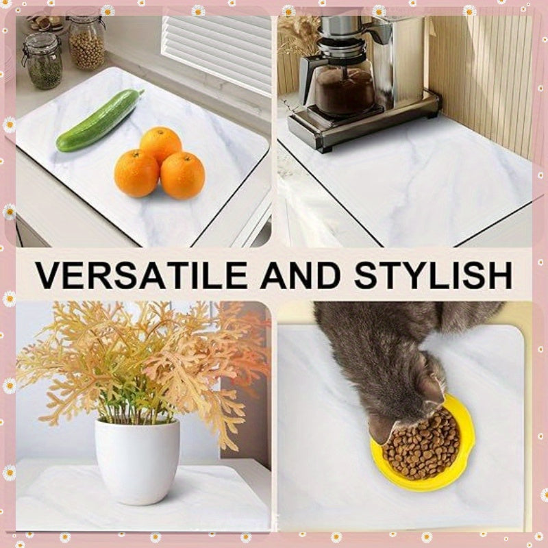 Kitchen countertop mat made of non-slip rubber, featuring durable tech cloth for the dish drainer pad. Easy to clean and water absorbent. Suitable for kitchen use; hand wash only.