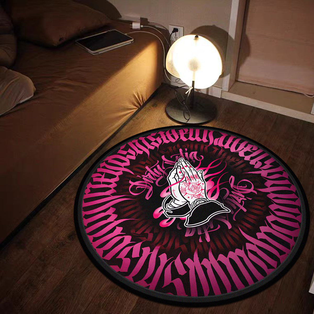 Upgrade your living space with the Plush Crystal Velvet Round Mat featuring a stylish Praying Hands design. This trendy hip-hop pink floor mat is 6mm thick and weighs 1000g/sqm, providing comfort and durability. The non-slip backing ensures safety in