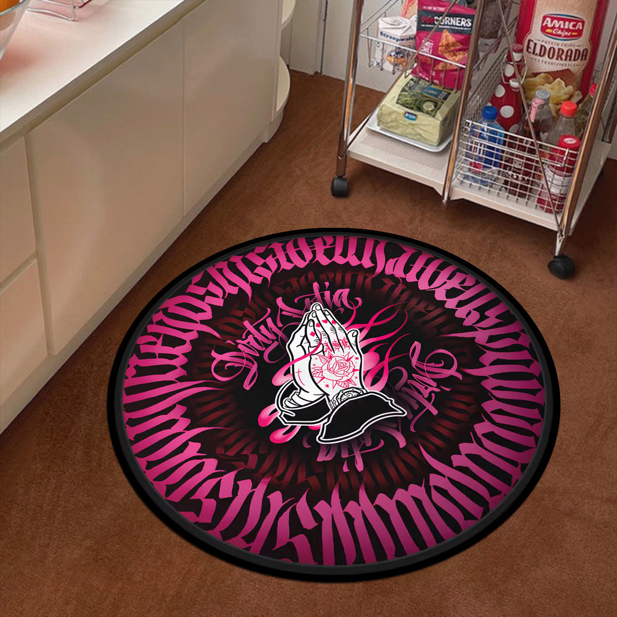 Upgrade your living space with the Plush Crystal Velvet Round Mat featuring a stylish Praying Hands design. This trendy hip-hop pink floor mat is 6mm thick and weighs 1000g/sqm, providing comfort and durability. The non-slip backing ensures safety in