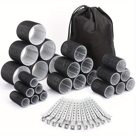 37-piece hair styling kit includes 24 self-grip rollers in 4 sizes, 12 clips, and a storage bag. Suitable for all hair types and lengths.