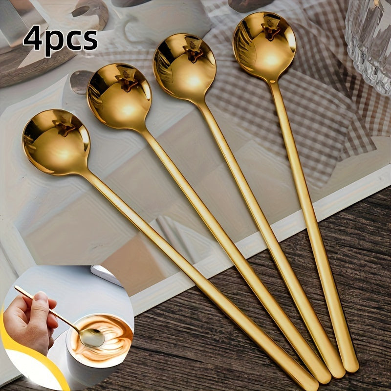 Set of 4 high-quality stainless steel beverage spoons with an elegant design and durable construction. Features a long handle for effortless stirring, making them ideal for use with espresso, tea, and iced drinks.