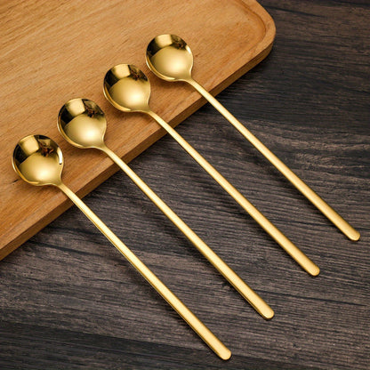 Set of 4 high-quality stainless steel beverage spoons with an elegant design and durable construction. Features a long handle for effortless stirring, making them ideal for use with espresso, tea, and iced drinks.