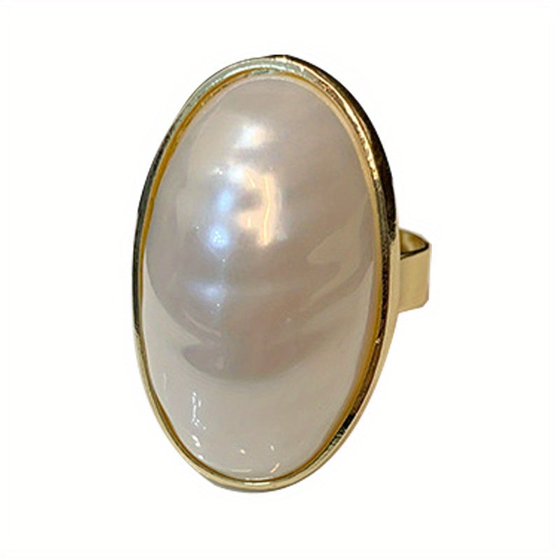 Stylish Faux Pearl Ring with Adjustable Fit - Modern Geometric Style, Ideal for Special Occasions, Ellipse Shape, Open Shank, Trendy Accessory, Model J213